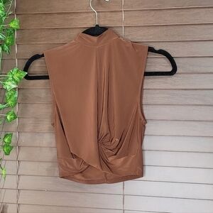 Forever 21 High Neck Twist Front Cropped Sleeveless Women's Brown Blouse Size S
